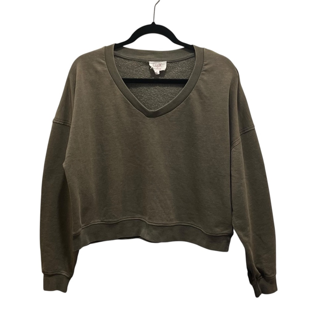 Coze by Pink Rose Olive Green Sz L Cropped V-Neck Sweatshirt Cozy Girl Lounge